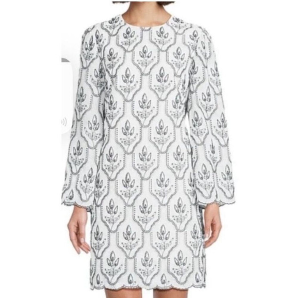 NWT Preston & York White Shift Dress with Black Embroidery Scalloped Hem Size 8